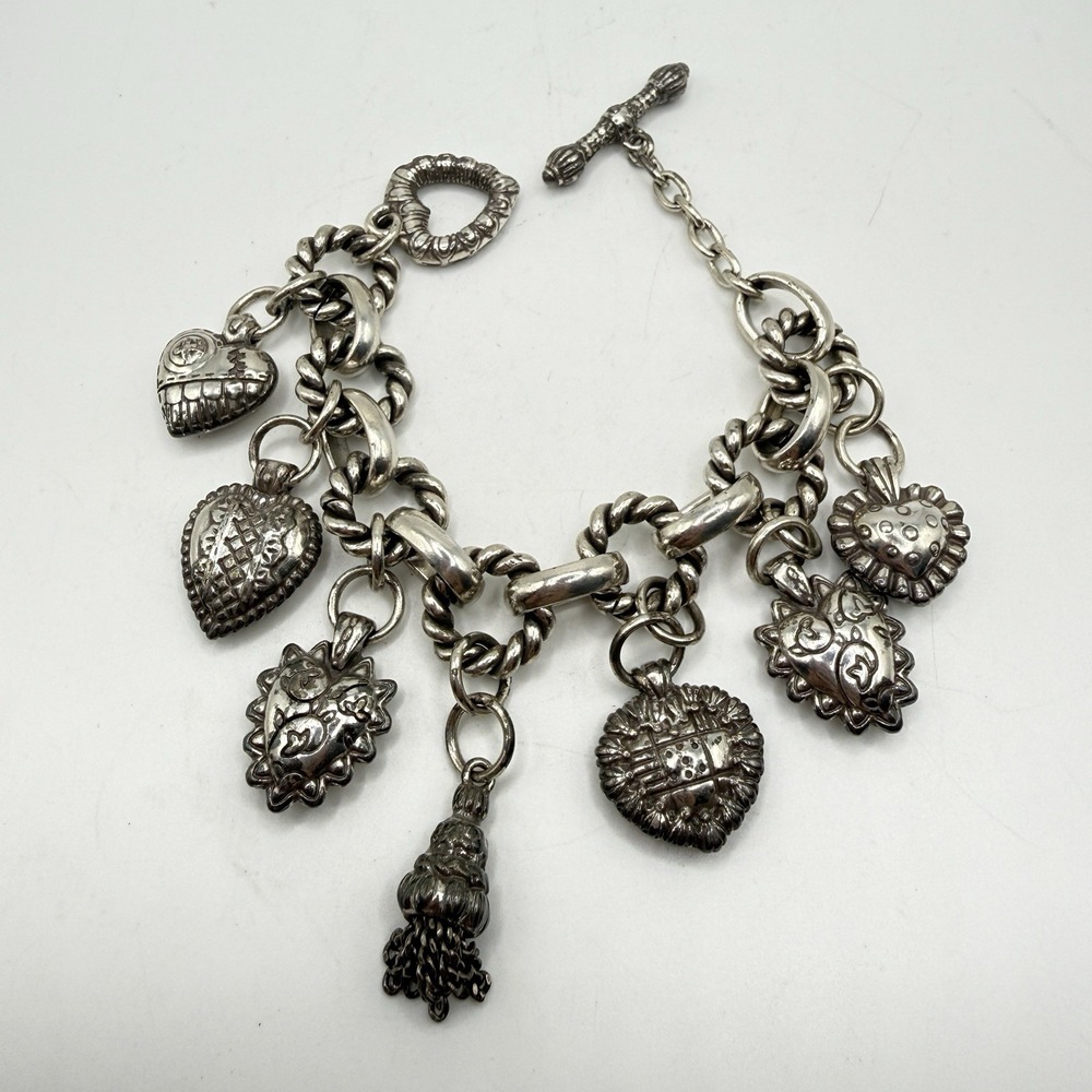 BRIGHTON Retired Vintage Chunky Link Silver Hearts Bracelet w/ Toggle